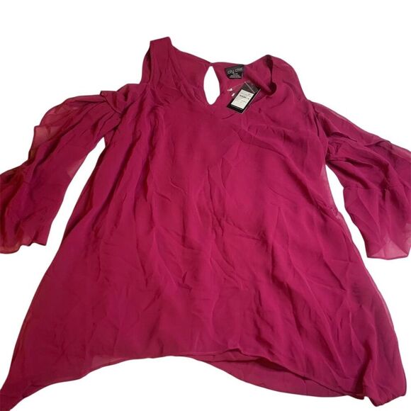 City Chic Women's Plus 14 Pink Hi Lo Cold Shoulder Blouse Casual - Picture 1 of 5
